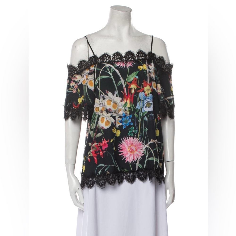 Delfi Collective Floral Cold Shoulder Lace Trim Blouse